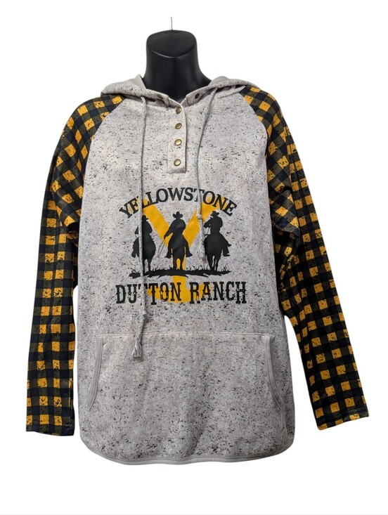 Yellowstone Tops - Yellowstone Dutton Ranch Hoodie Small Plaid Sleeve Gray Henley Pullover